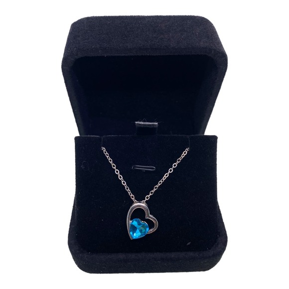 Imitation Silver Blue Topaz Rhinestone Gemstone Two Hearts In One Necklace - Picture 2 of 6